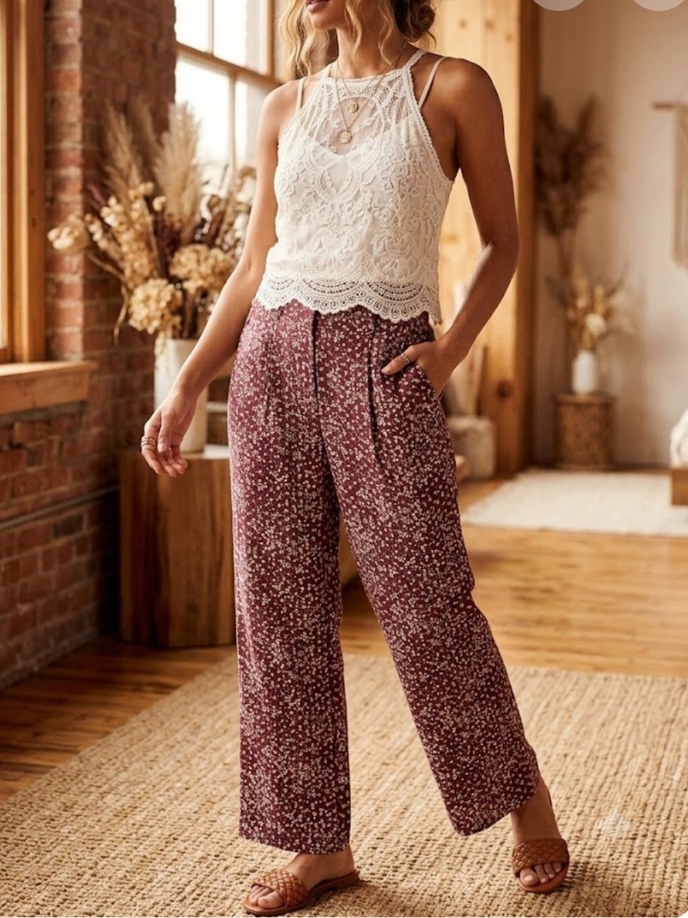 Free People Burgundy Ditsy Floral Wide Leg Linen  Pants Size 4
